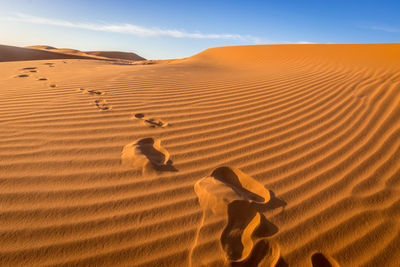 View of sand dunes in desert against sky