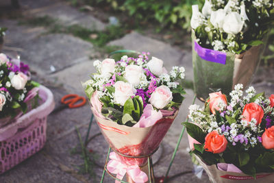 Close-up of pink rose flower pot