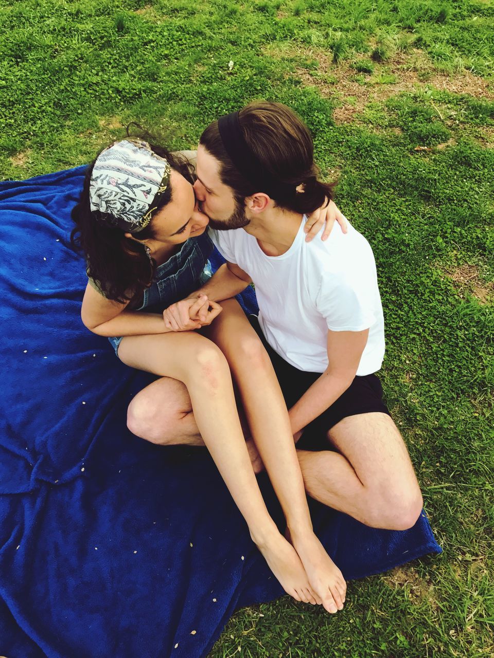 two people, love, togetherness, high angle view, embracing, holding, sitting, adults only, young adult, happiness, portrait, bonding, grass, adult, outdoors, people, freshness, day