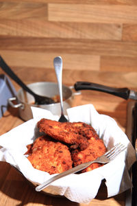 High angle view of food in plate on table