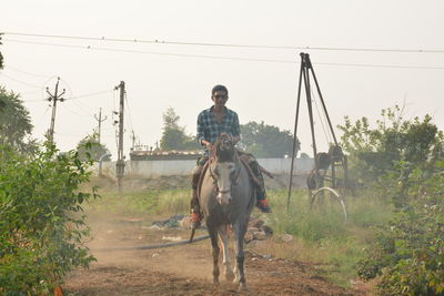 Rear view of man riding horse on field