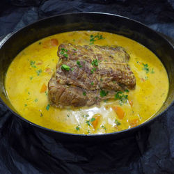 High angle view of soup in bowl