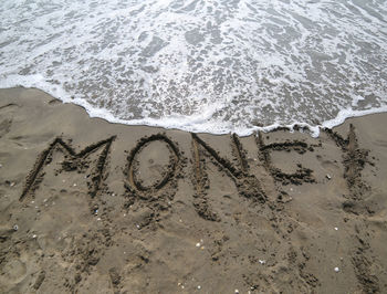 High angle view of text on beach