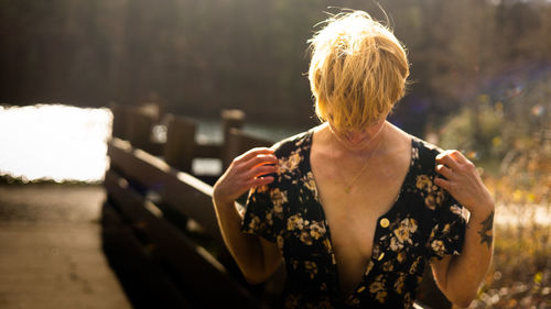 Rear view of woman looking away