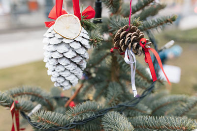 Diy handmade decoration on christmas tree. white painted pine cone