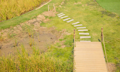 High angle view of staircase amidst field