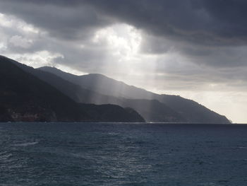 Scenic view of sea by mountains against sky