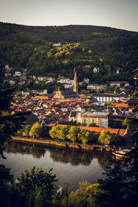 High angle view of heidelberg old town during sunrise