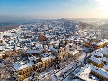 High angle view of townscape against sky during winter