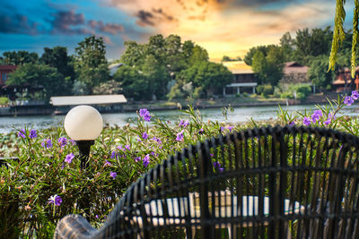 View of a beautiful golden sunset from a rattan chair on the riverbank of the river kwai