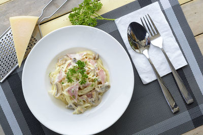 Directly above shot of spaghetti with cheese and meat in plate