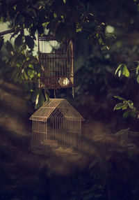 High angle view of birdhouse in cage