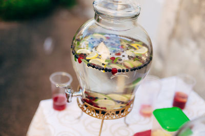 High angle view of drink in glass jar on table