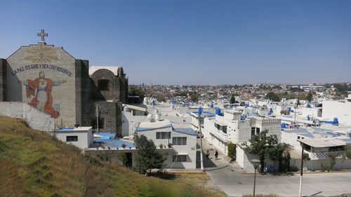 Panoramic view of buildings in city against clear sky