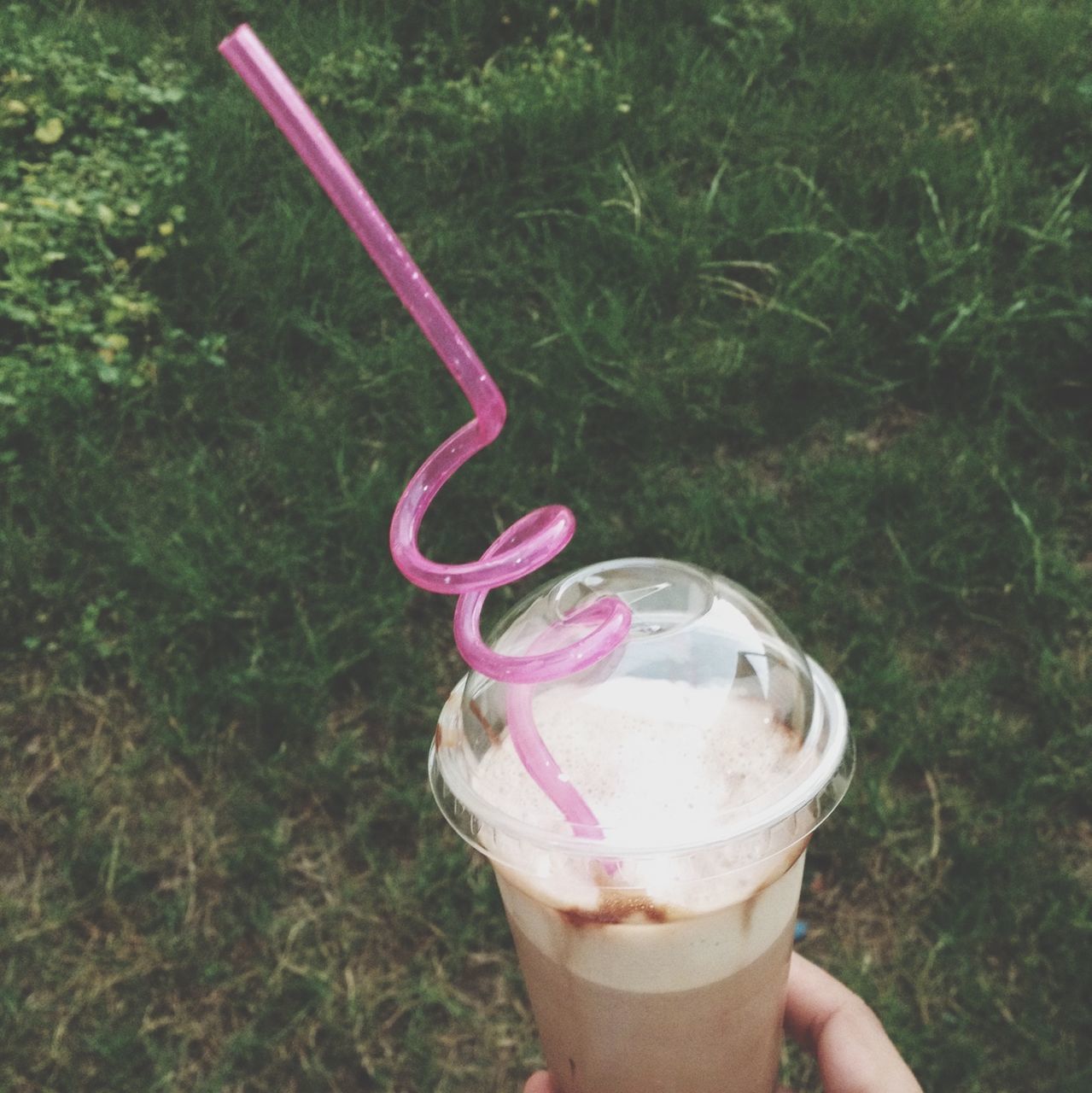 food and drink, grass, person, holding, freshness, close-up, focus on foreground, part of, green color, day, cropped, unrecognizable person, refreshment, drink, outdoors, high angle view, field