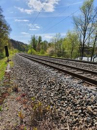 Railroad track amidst plants against sky