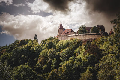 Low angle view of castle, trees and plants against sky