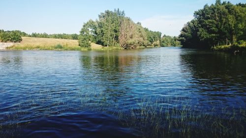 Scenic view of lake against blue sky