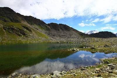 Scenic view of lake and mountains against sky