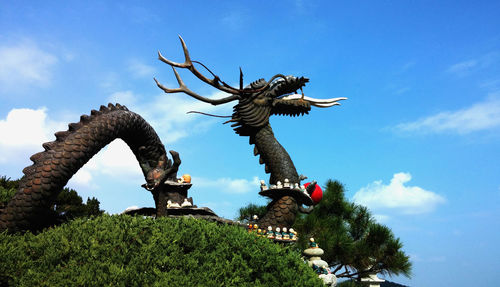 Dragon statue against cloudy sky