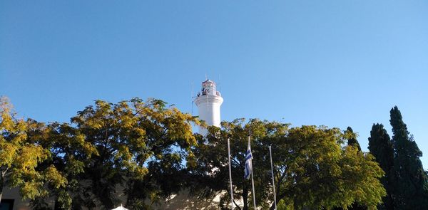 Low angle view of lighthouse against clear sky