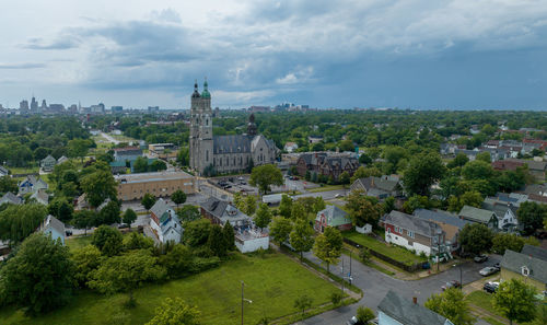 High angle view of townscape against sky