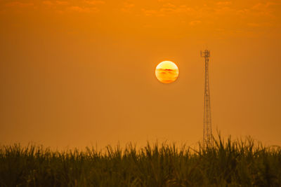 Scenic view of field against orange sky