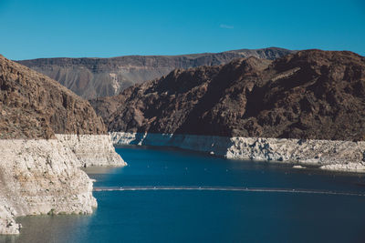 Colorado river amidst mountain at hoover dam against clear blue sky