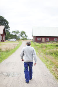 Senior farmer walking on country road, rear view