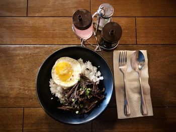 High angle view of breakfast served on table