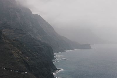 Scenic view of sea by mountains against sky