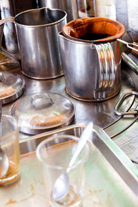 High angle view of glasses on table in restaurant