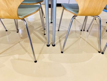 High angle view of chairs on table