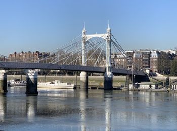 Bridge over river against clear blue sky