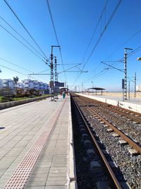 Railroad station platform against clear sky