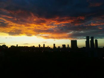 Silhouette of city at sunset