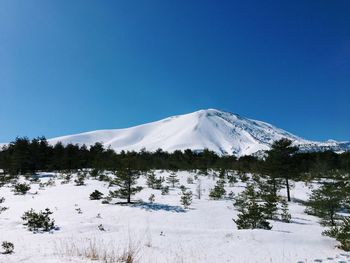 Scenic view of snowcapped mountains against clear blue sky
