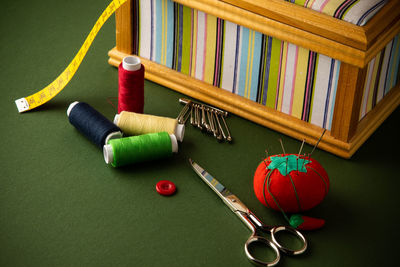 High angle view of multi colored balls on table