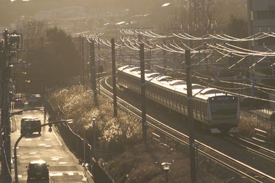 High angle view of train on street in city