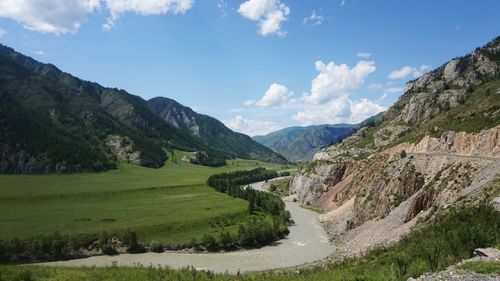 Scenic view of landscape and mountains against sky