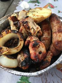 High angle view of meat in plate on table