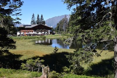 Built structure by pond amidst field against blue sky