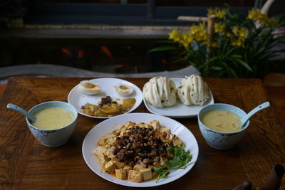 High angle view of meal served on table