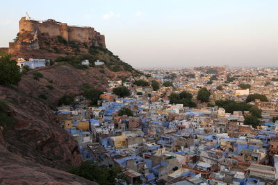 High angle view of buildings in city