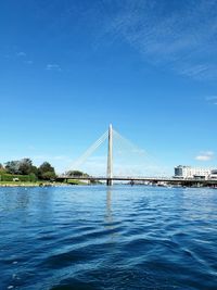 View of suspension bridge over river