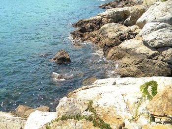 High angle view of rock formation in sea