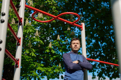 Low angle view of boy playing soccer