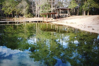 Reflection of trees and buildings in lake