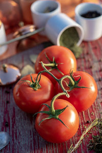 High angle view of tomatoes on table