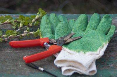 High angle view of pruning shears and gardening gloves on table